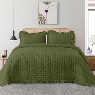 Ruffled Edge Quilted Embroidered Ultrasonic Summer Comforter 3-Piece Custom Bedspread Bedding Set