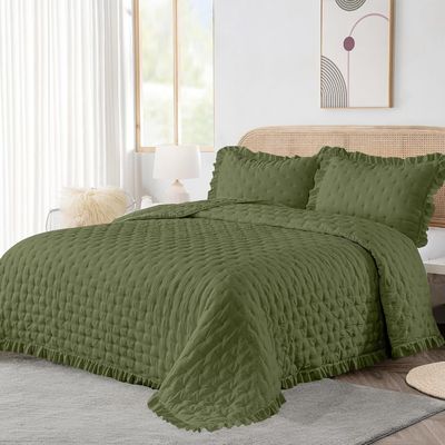 Ruffled Edge Quilted Embroidered Ultrasonic Summer Comforter 3-Piece Custom Bedspread Bedding Set