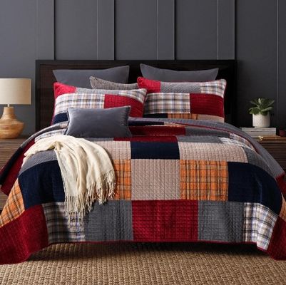 Holland Velvet Yarn Dyed Fabric Handmade Patchwork Quilted Bedspread Christmas Decorative Bed Cover Embroidery