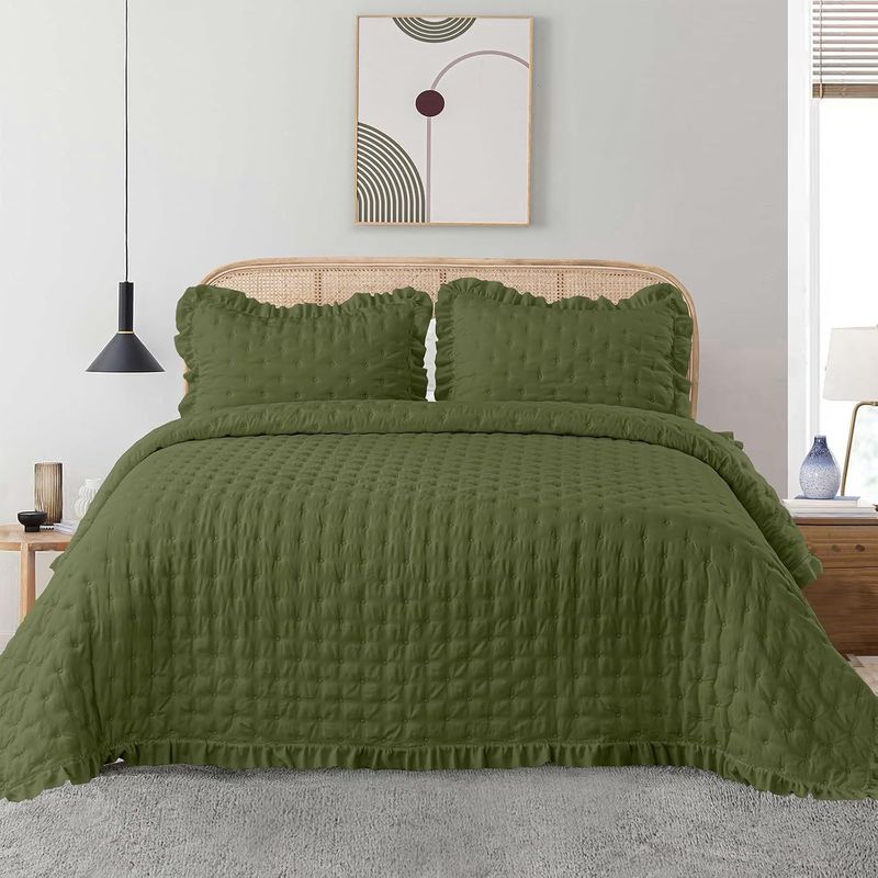 Ruffled Edge Quilted Embroidered Ultrasonic Summer Comforter 3-Piece Custom Bedspread Bedding Set